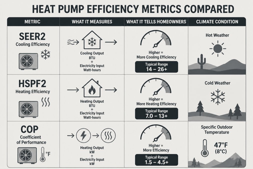 Comparison matrix of heat pump efficiency metrics: SEER2 for cooling, HSPF2 for heating, and COP at a given outdoor temperature, each with a column noting what the rating tells a homeowner and which climate condition it reflects