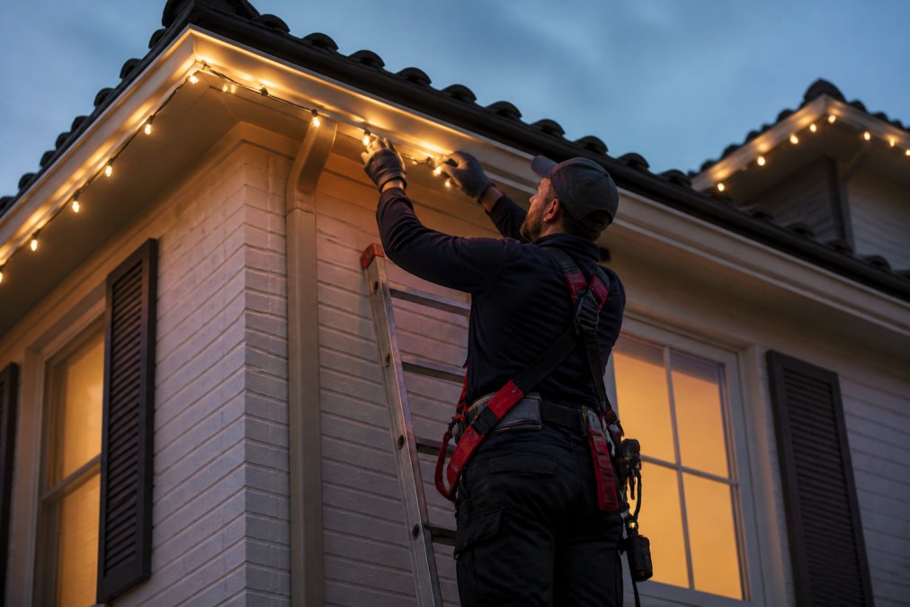 Professional installer hanging energy efficient holiday lights on a Houston roofline at dusk