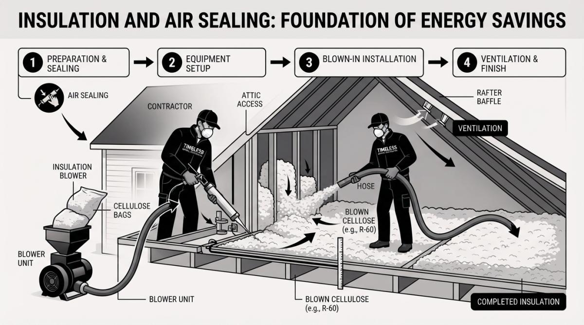 Close-up of a contractor installing blown-in cellulose insulation in an attic space, showing the equipment spraying material into wall cavities with proper protective equipment