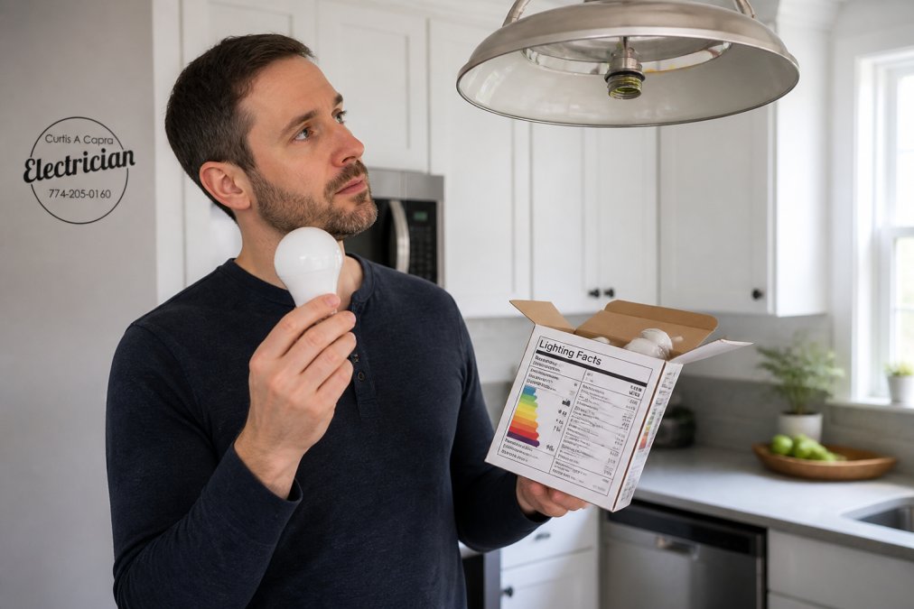 A homeowner holding an LED bulb next to an open lighting fixture in a bright kitchen, comparing bulb types with a lighting facts label visible on the package
