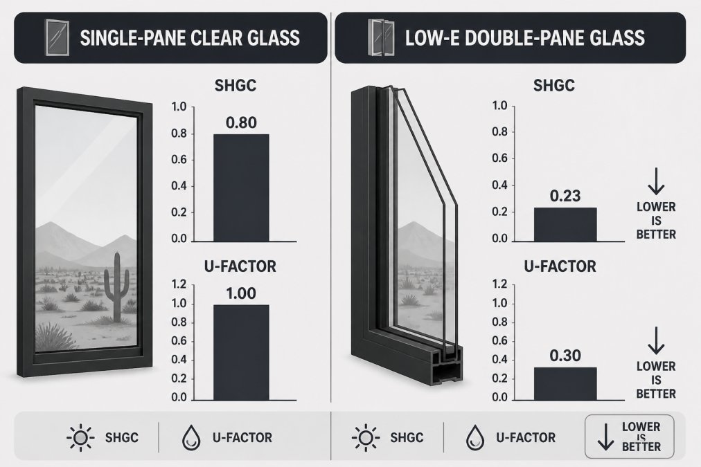 Bar chart comparing SHGC and U-factor ratings for single-pane versus energy efficient windows with low-E glass.