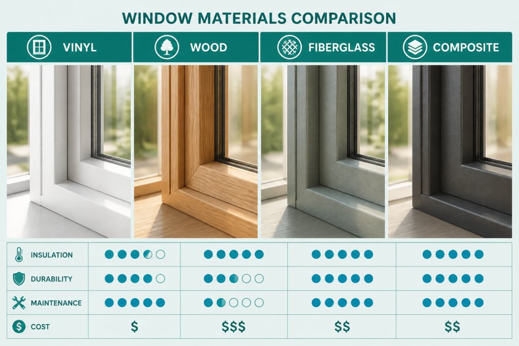 Infographic comparing textures and finishes of vinyl, wood, fiberglass, and composite for the best energy efficient windows
