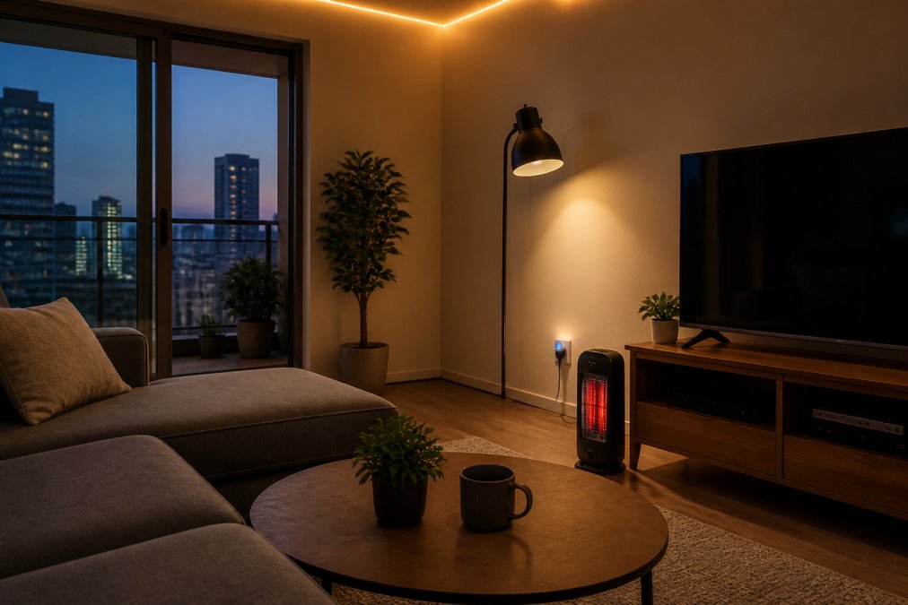 A cozy small apartment living room at dusk with warm LED strip lighting along the ceiling, a smart plug visible on an outlet near the sofa, and a small space heater tucked beside the TV stand