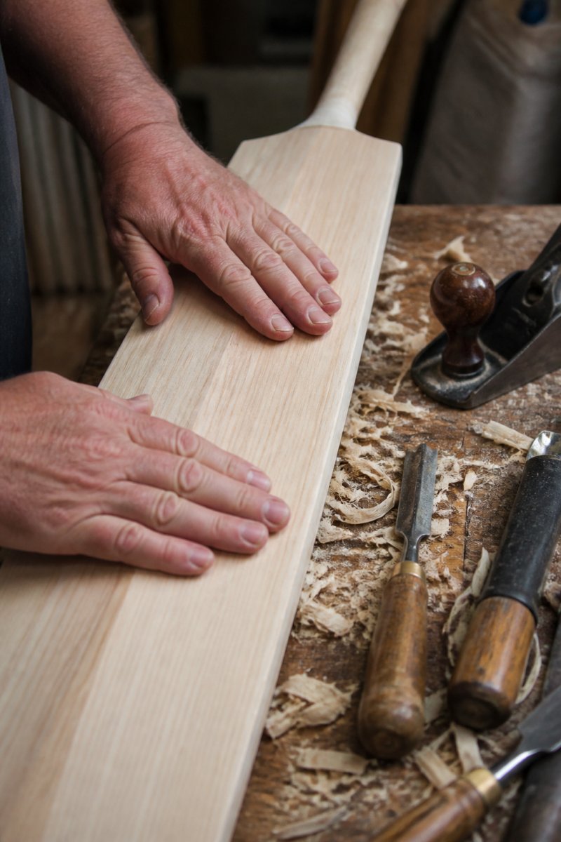 Close-up of a craftsman's hands running along the grains of an English willow cricket bat cleft on a workbench, with wood shavings and hand tools visible in the background