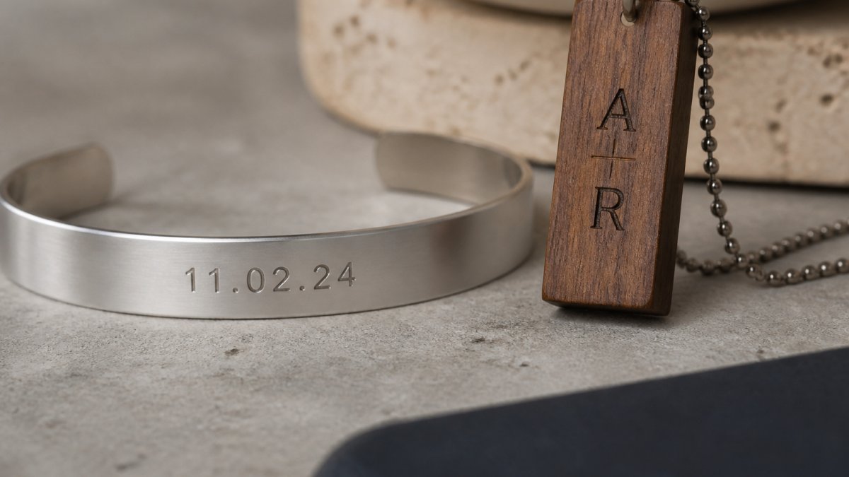 Close-up of engraved minimalist lettering on polished metal bracelet and wooden pendant showing clean, sans serif font details with sharp character edges