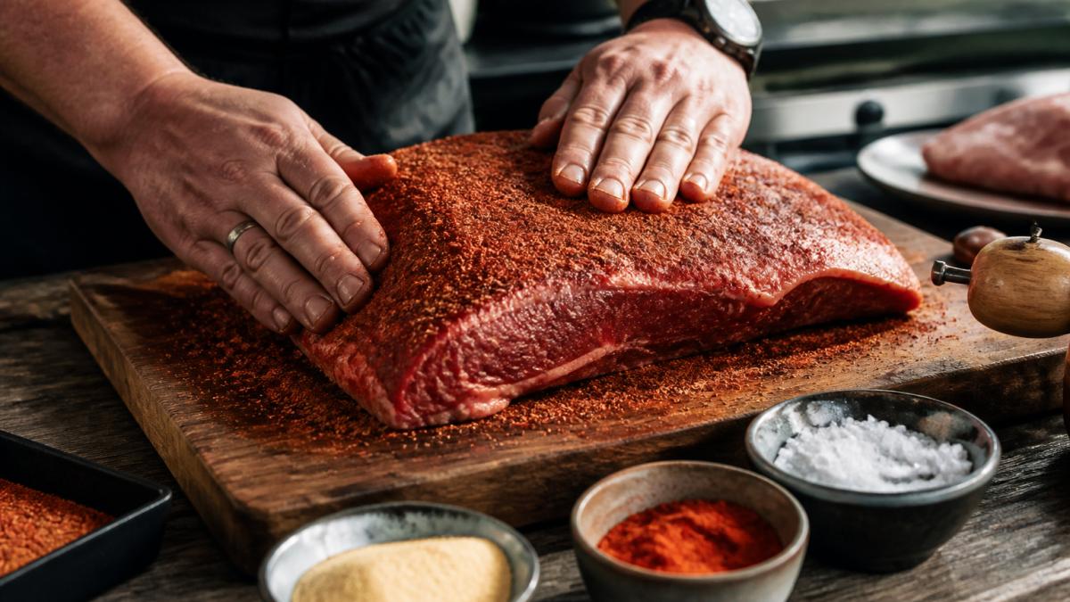Close-up of hands patting a dry rub onto a raw beef brisket on a wooden board, with small bowls of paprika, garlic and sea salt nearby in a warm kitchen