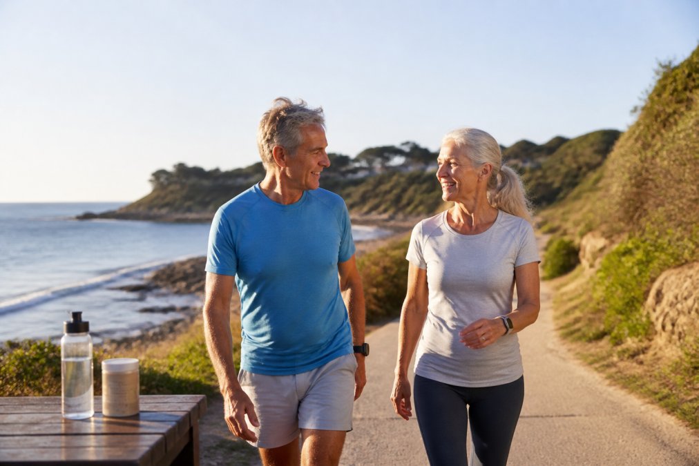Active seniors walking on a coastal path with a natural energy boost drink mix resting on a nearby bench.