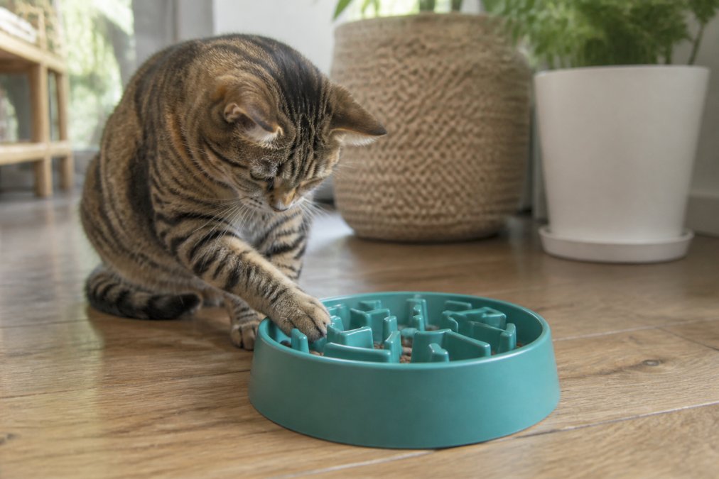 A curious tabby cat pawing at a puzzle feeder bowl with maze design, focused on reaching kibble through textured grooves in a bright home setting