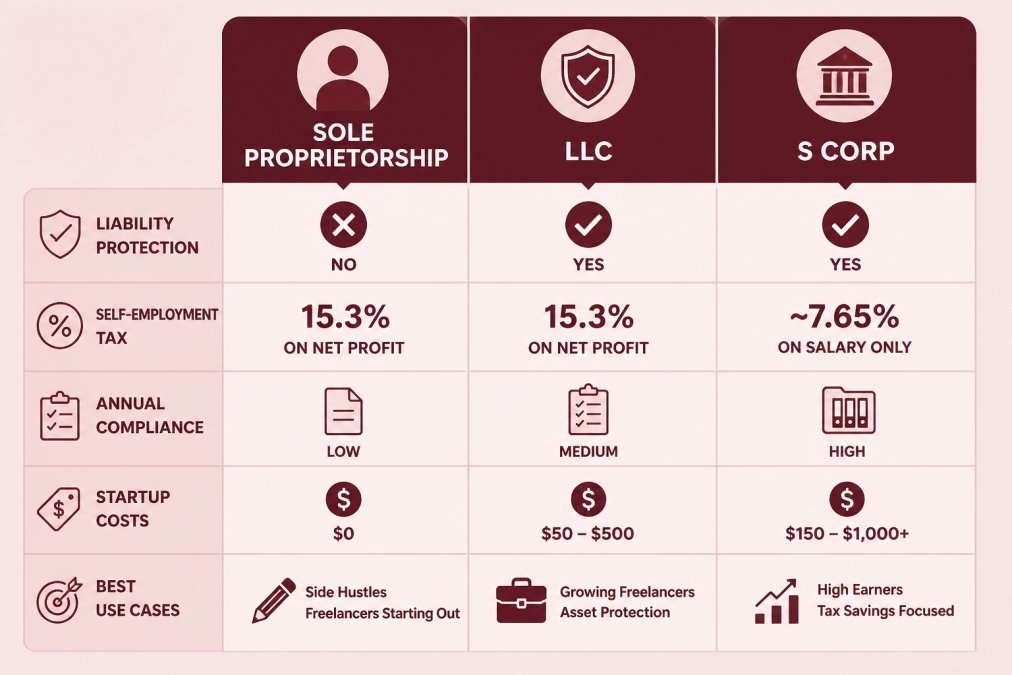 Comparison matrix of the best entity structure for creative freelancers comparing LLC, S Corp, and sole proprietorship.
