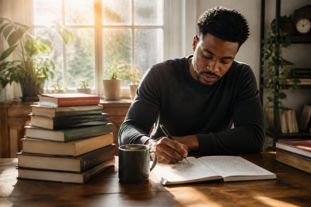 Young professional in their late 20s sitting at a wooden desk with a stack of business books, a coffee mug, and a notebook open with handwritten notes, warm morning light filtering through a window behind them