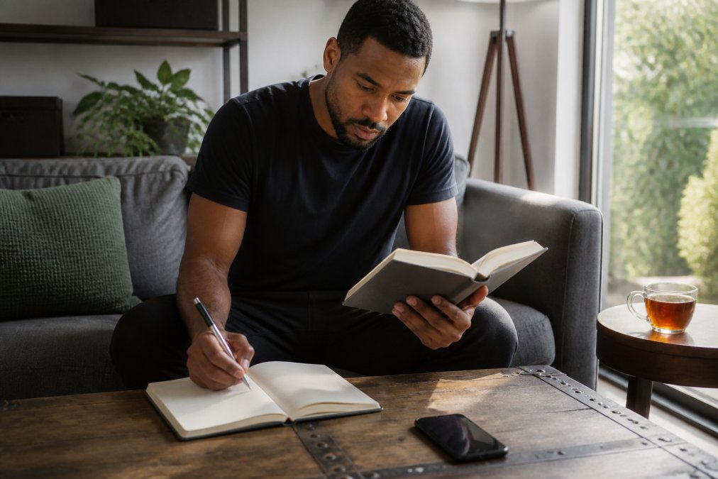 Person in a focused morning routine, sitting cross-legged on a couch with a book and journal, phone face-down on the table nearby, natural light coming through a window, a cup of tea on the side table
