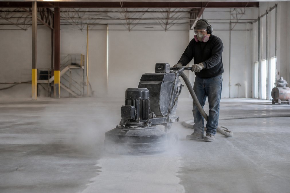 Professional concrete contractor operating a large diamond grinding machine across an industrial warehouse floor, creating a cloud of fine dust, with proper safety equipment visible in the setting