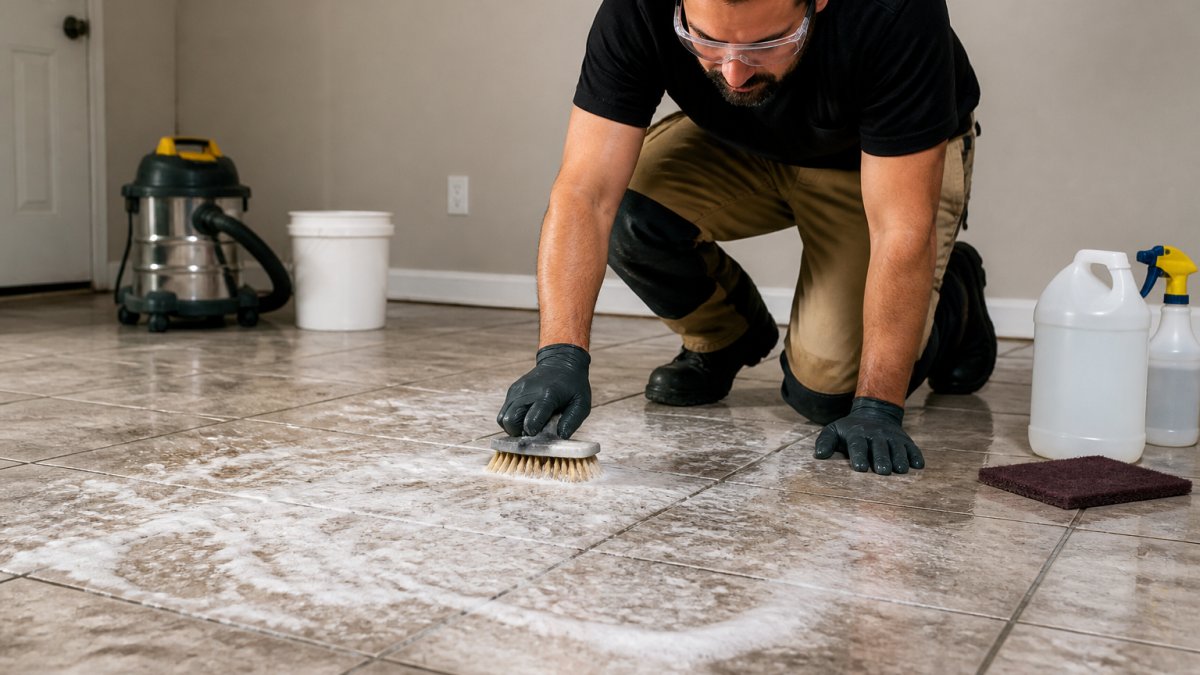Professional scrubbing a ceramic tile floor with degreaser before applying the best epoxy primer for ceramic tile floors