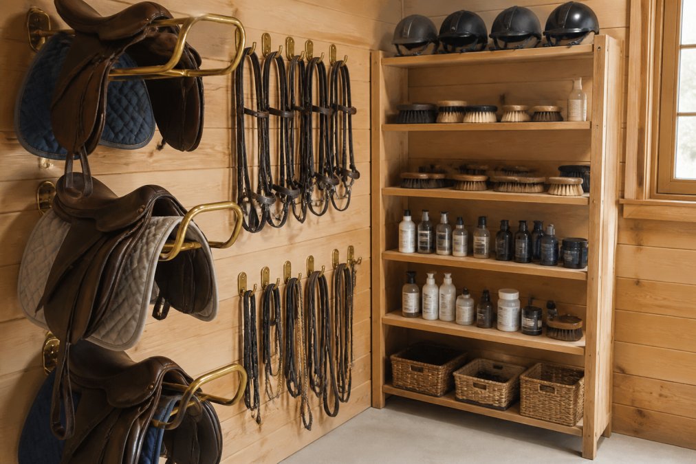 Well-organized home barn tack room with wall-mounted saddle racks in gold finish, bridle holders with multiple hooks, helmet storage on shelves, and neatly arranged grooming supplies on wooden shelving with natural barn lighting
