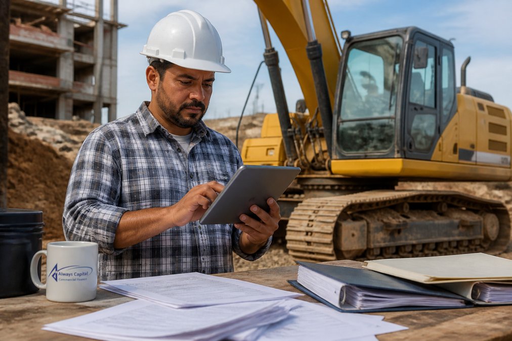 A construction business owner in a hard hat reviewing financing paperwork on a tablet while standing next to a yellow excavator on a job site