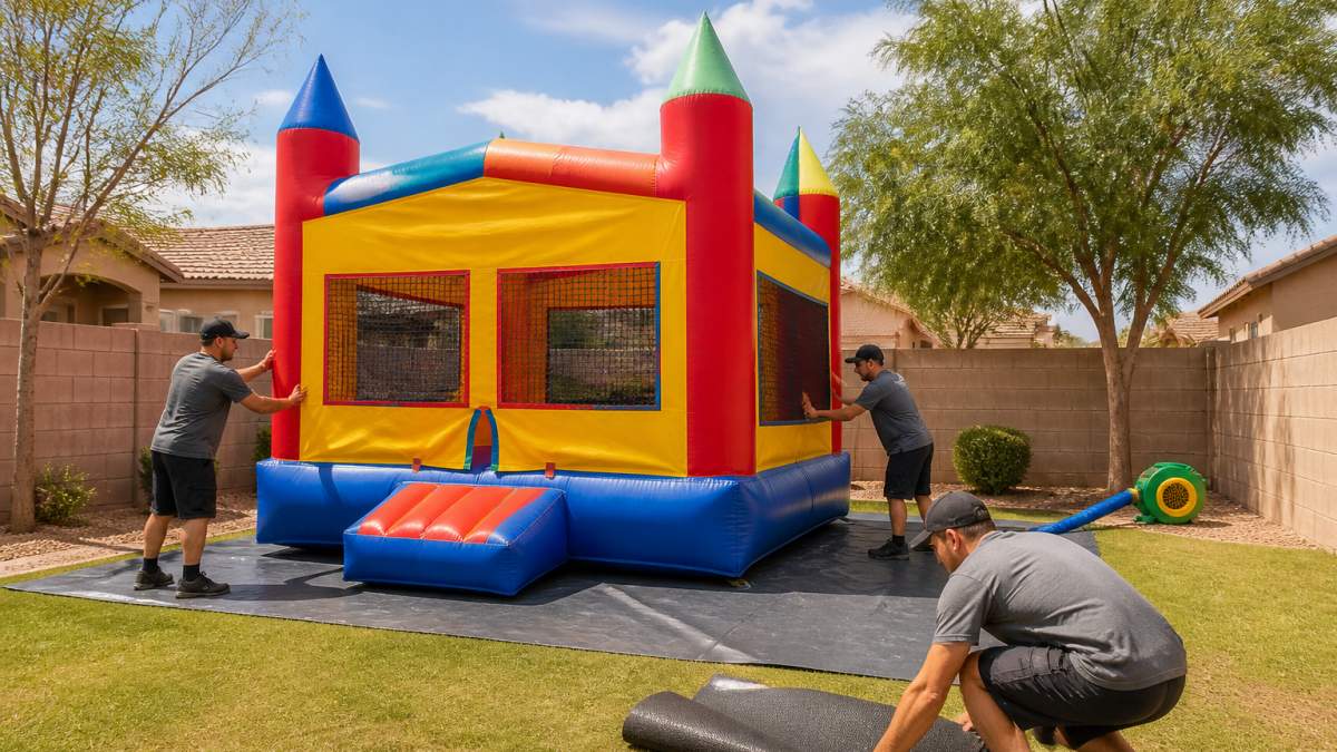 Diagram showing safety spacing and setup requirements for equipment for birthdays special events in backyards