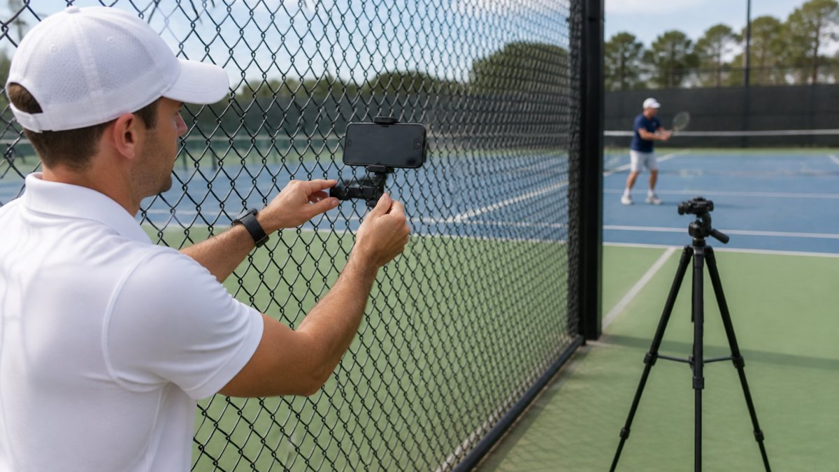 A tennis coach attaching a smartphone to a fence mount on a chain-link fence at an outdoor court, with a tripod standing nearby and a player practicing in the background
