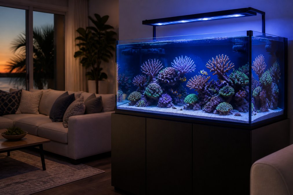 A beautifully illuminated saltwater reef tank with live coral and clownfish in a modern living room, soft evening light reflecting off the glass