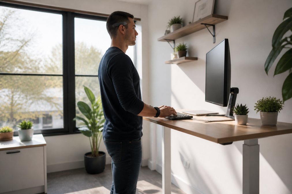 Professional working at ergonomic standing desk with proper posture, wearing a wearable focus device, natural sunlight streaming through office window, minimalist workspace with single monitor