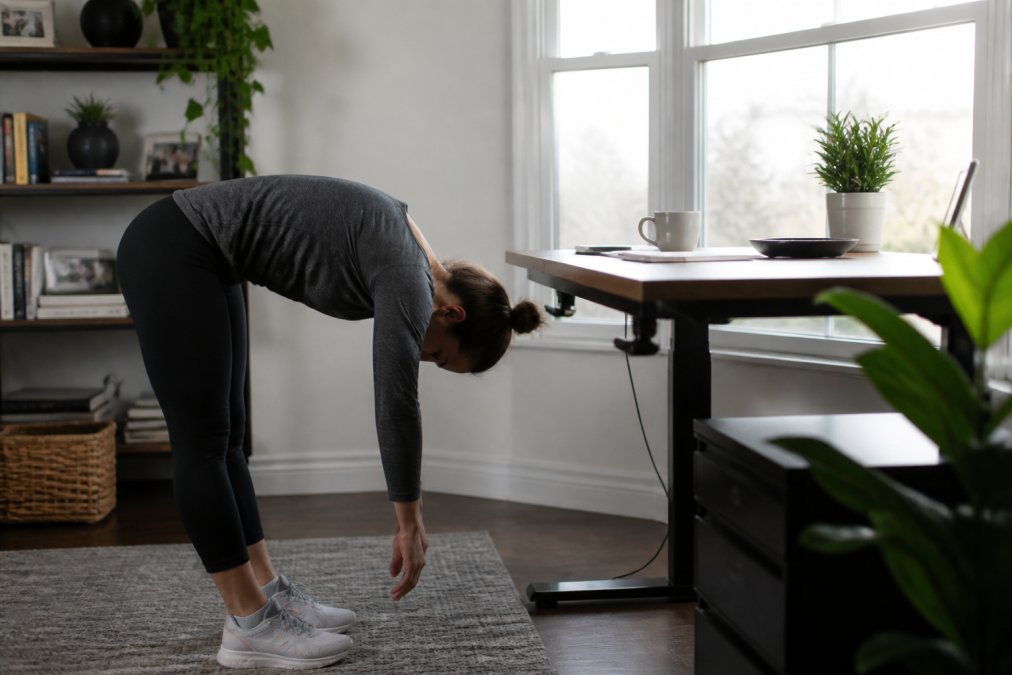 Person performing gentle forward fold stretch at standing desk in home office, with natural light from window, demonstrating movement break during work session