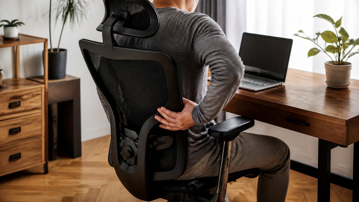 A person with chronic pain sitting comfortably in an ergonomic chair at a home office desk, adjusting the lumbar support with one hand while looking at a laptop screen