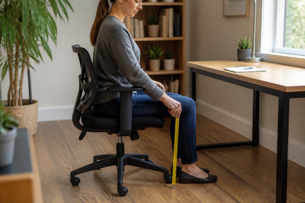 A person sitting upright in an office chair in a bright home office, holding a tape measure from the back of their knee straight down to the floor to demonstrate popliteal height measurement, notebook and pencil on the desk beside them