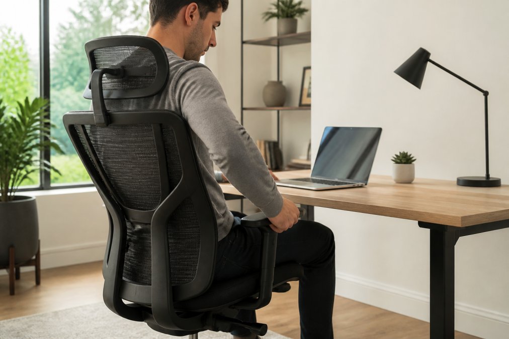 Person adjusting the armrest of an ergonomic chair under 500 dollars while working at a bright home office desk