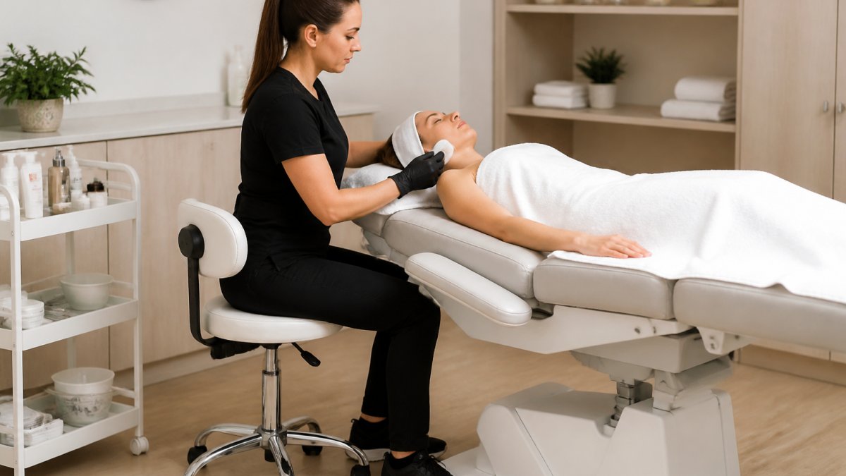 Esthetician sitting on an ergonomic stool while performing a facial in a bright, modern spa room
