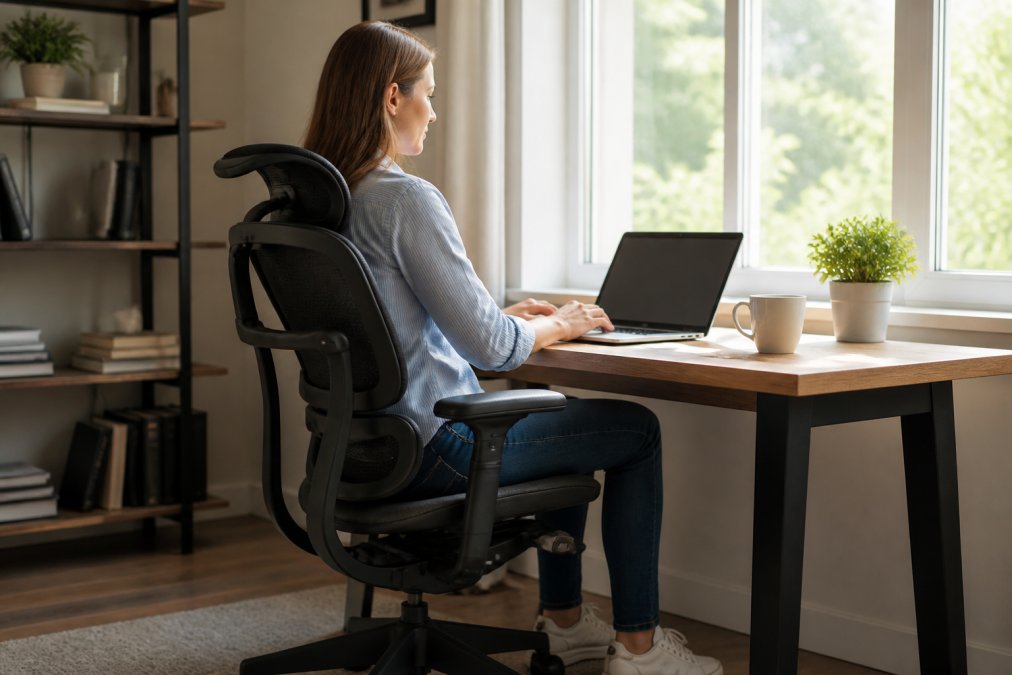 Remote worker maintaining healthy posture while sitting in one of the best ergonomic chairs at a home desk.