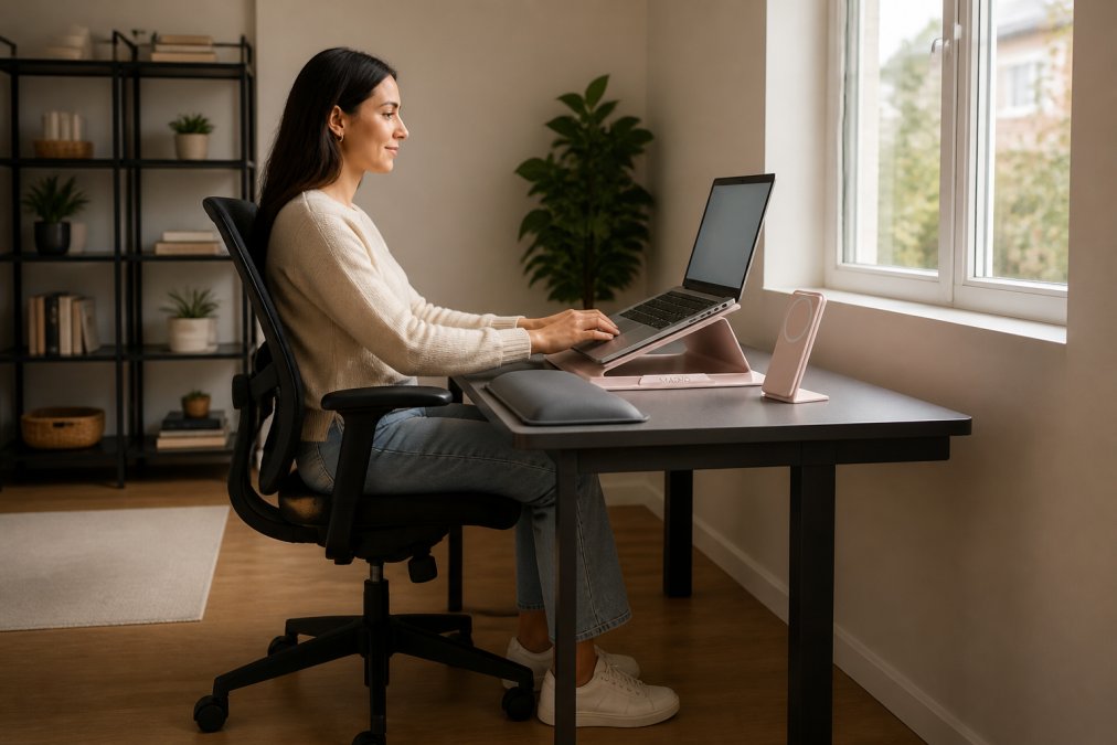 Office worker sitting at a small desk with proper posture, feet flat on floor, back against ergonomic chair with lumbar support, monitor positioned at eye level in a compact home office with natural window lighting