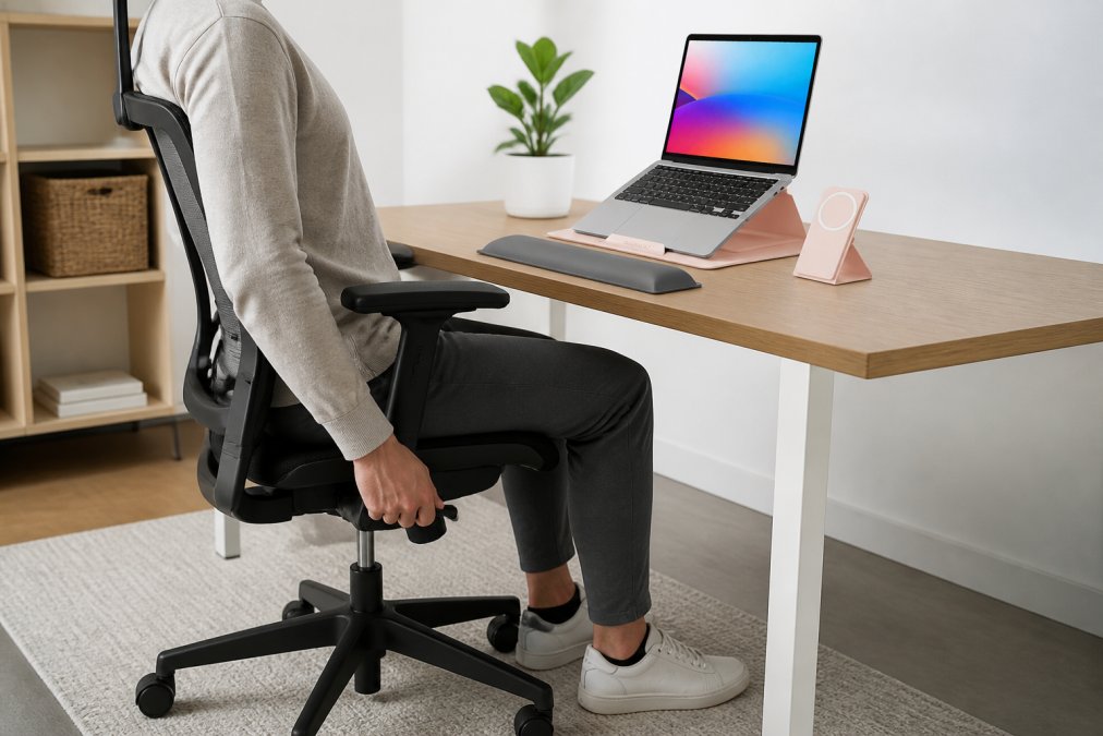 Close-up of person adjusting chair height and lumbar support settings at a small desk, showing proper seated posture with feet flat on floor, hands on armrests, in a compact home office
