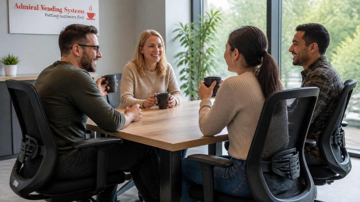 Bright modern office breakroom with employees seated on ergonomic chairs around a wooden table, enjoying coffee and conversation with natural window lighting