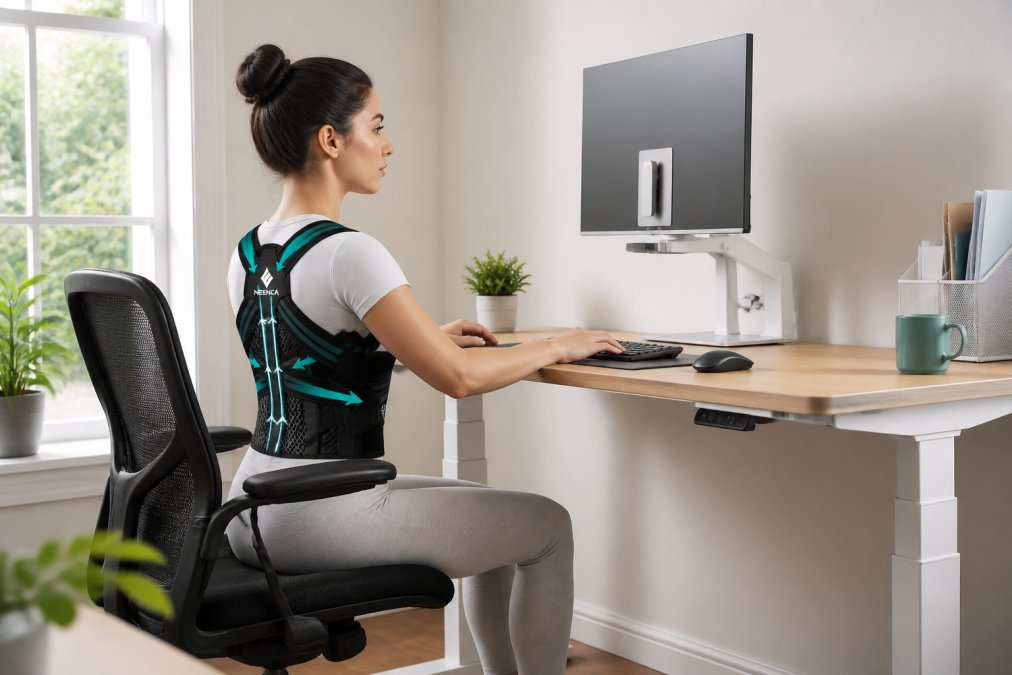 Remote worker seated at properly adjusted standing desk with correct posture, monitor at eye level, feet flat on floor, showing ideal ergonomic positioning with natural office lighting
