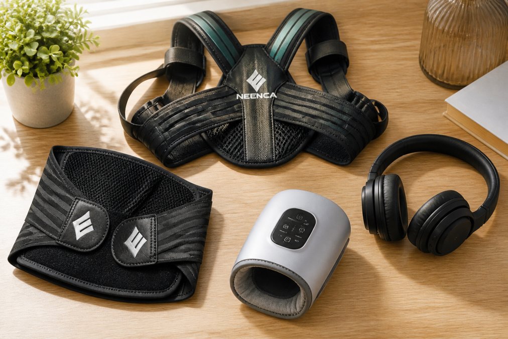 Flat lay of ergonomic accessories including posture corrector, wrist massager, noise-canceling headphones, and back brace arranged on a desk workspace with natural lighting