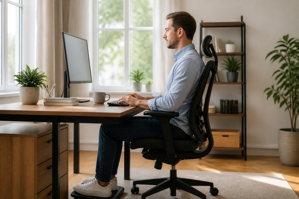 Professional sitting at desk with proper ergonomic posture, monitor at eye level, feet flat on floor, supportive chair, natural daylight from window