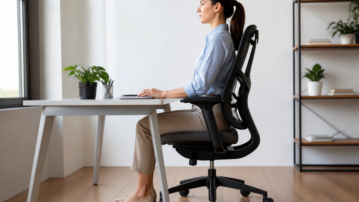 Person sitting in an ergonomic office chair with proper posture, showing neutral spine alignment, feet flat on floor, and correct arm and shoulder positioning in a bright modern office