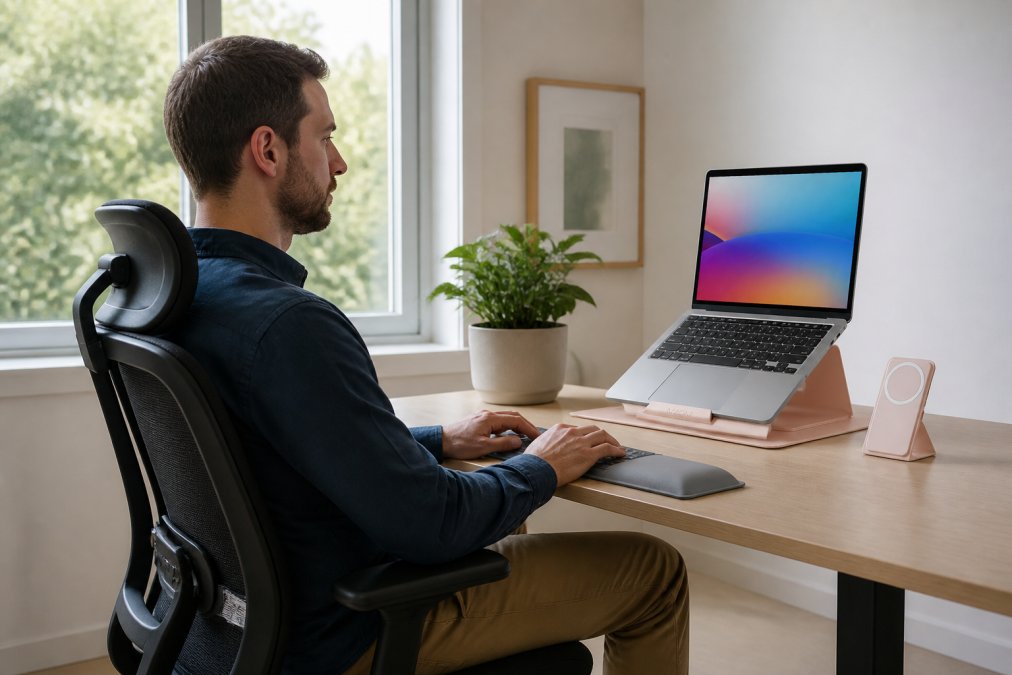 Remote worker sitting in an ergonomic office chair at a home desk, showing proper posture with laptop and monitor at eye level, natural window lighting from a window