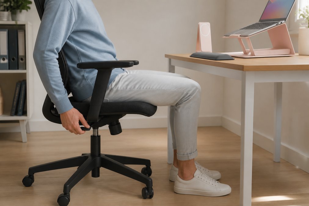 Close-up side view of a person adjusting the height lever of an office chair, demonstrating the proper seat-to-desk relationship with feet flat on floor and knees at 90 degrees