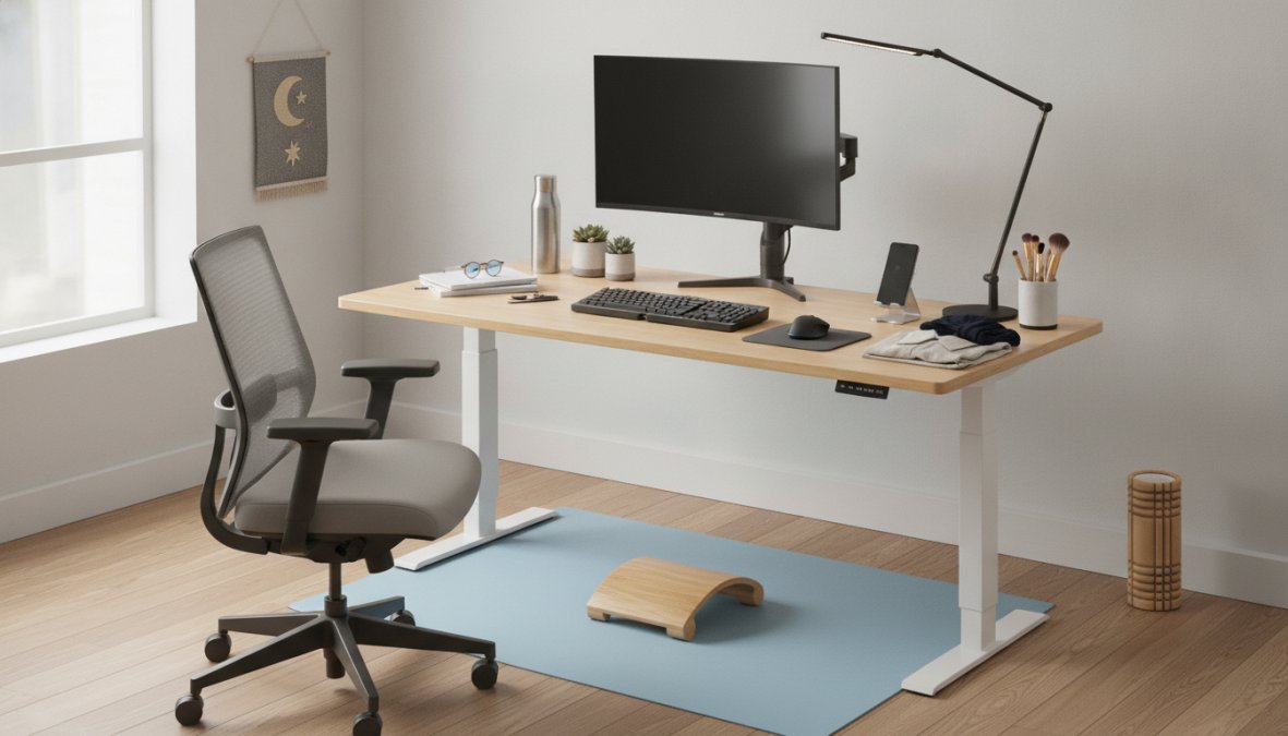 Professional home office workspace showing an ergonomic chair at sitting height, adjustable standing desk elevated to standing position, monitor arm, split keyboard, vertical mouse, desk lamp providing task lighting, and footrest in use