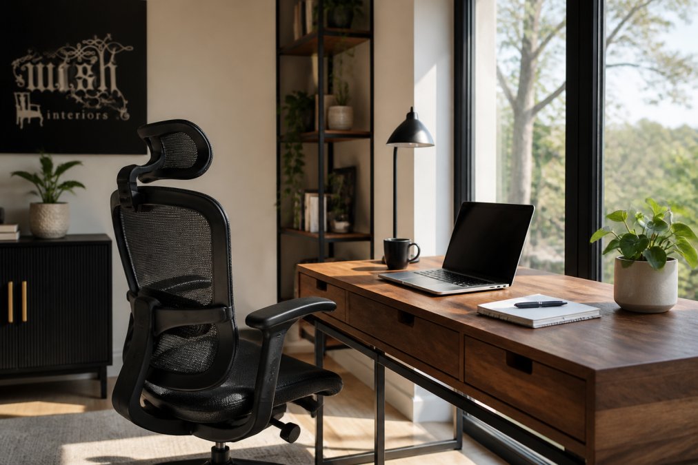 Ergonomic seating mesh chair at a tidy wooden desk in a sunlit home office with a laptop and notebook nearby.