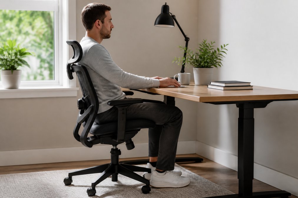Person sitting at a clean home office desk in a well-adjusted ergonomic chair, feet flat on the floor, arms at elbow height, monitor at eye level, bright natural light from a side window