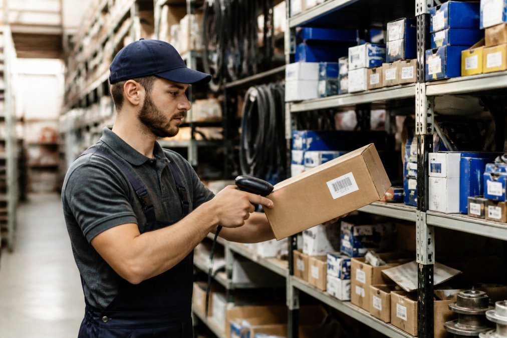 Warehouse worker in an auto parts distribution center scanning a barcode on a boxed part with a handheld scanner, shelves of organized inventory in the background