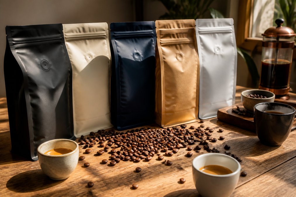 Close-up of five different specialty coffee bags arranged on a wooden table with freshly roasted espresso beans scattered between them, espresso cups, and morning sunlight streaming across the surface