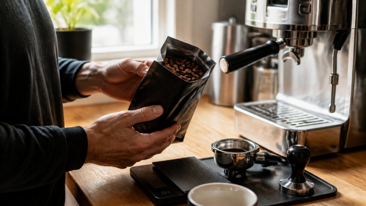 Close-up of hands holding a bag of whole coffee beans next to a home espresso machine on a kitchen counter, soft natural window light, warm kitchen setting