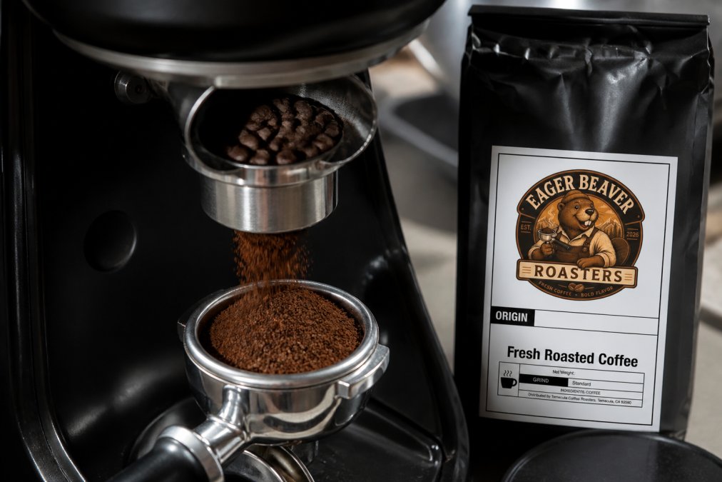 Close-up of espresso grinder burrs with dark roast beans visible, medium-fine grounds falling into a portafilter basket, bright overhead lighting showing the consistency of the grind