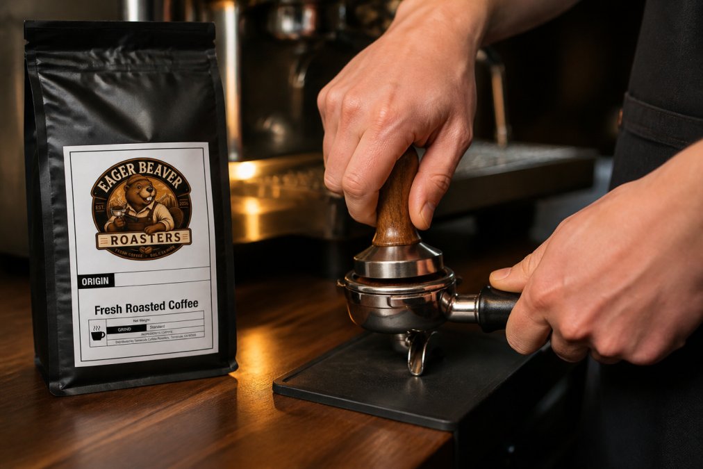 Hands holding a portafilter, tamping dark roast grounds with steady, even pressure, espresso machine visible in the background with warm lighting on the tamper and basket