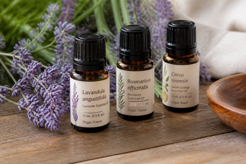 Close-up of amber glass essential oil bottles displaying printed labels with botanical names, volume measurements, and origin information, arranged on a wooden surface with fresh lavender sprigs nearby under soft natural light