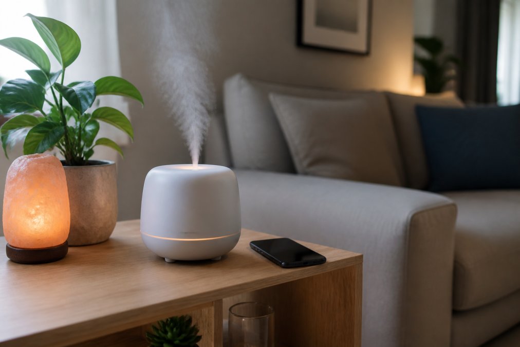 A sleek white smart diffuser on a wooden shelf in a modern living room, emitting a fine mist while a smartphone beside it displays a control app interface