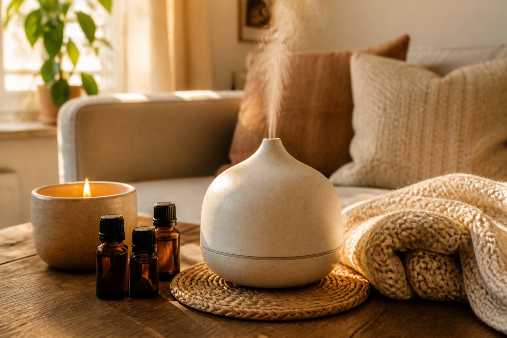 Ceramic diffuser releasing mist among amber bottles and a cozy knit blanket to create relaxing essential oil home scents.