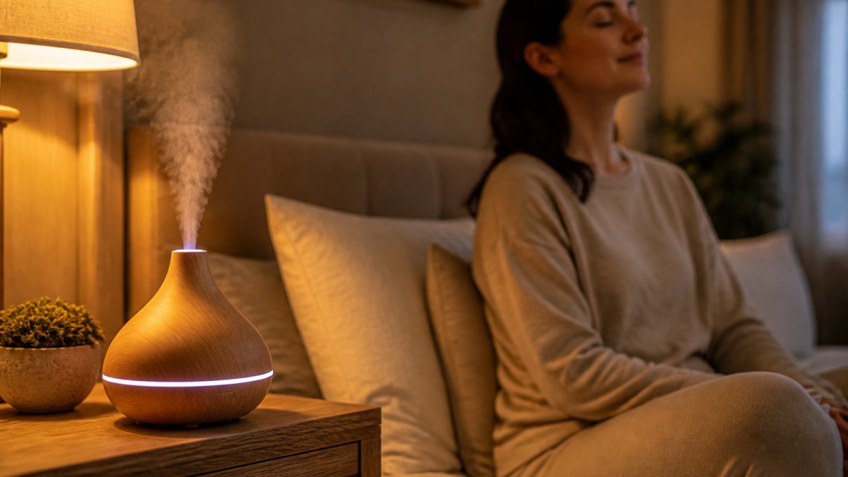 Serene bedroom setting with a small ultrasonic diffuser on a wooden nightstand releasing soft mist, warm amber lighting from a bedside lamp, and a person sitting peacefully on the bed nearby with eyes closed